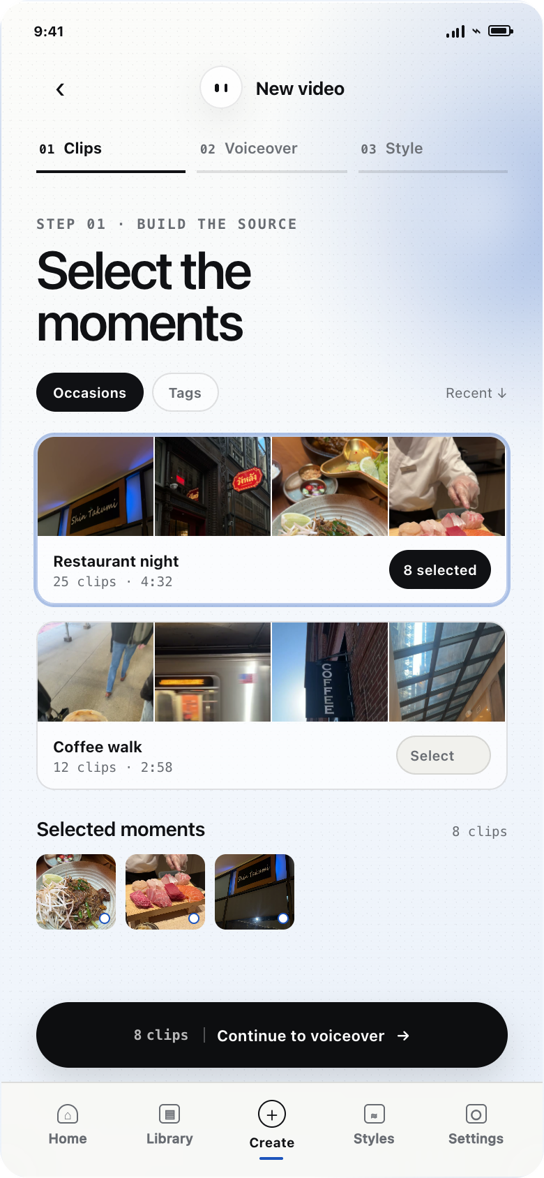 Rynn footage selection screen with four restaurant clips selected