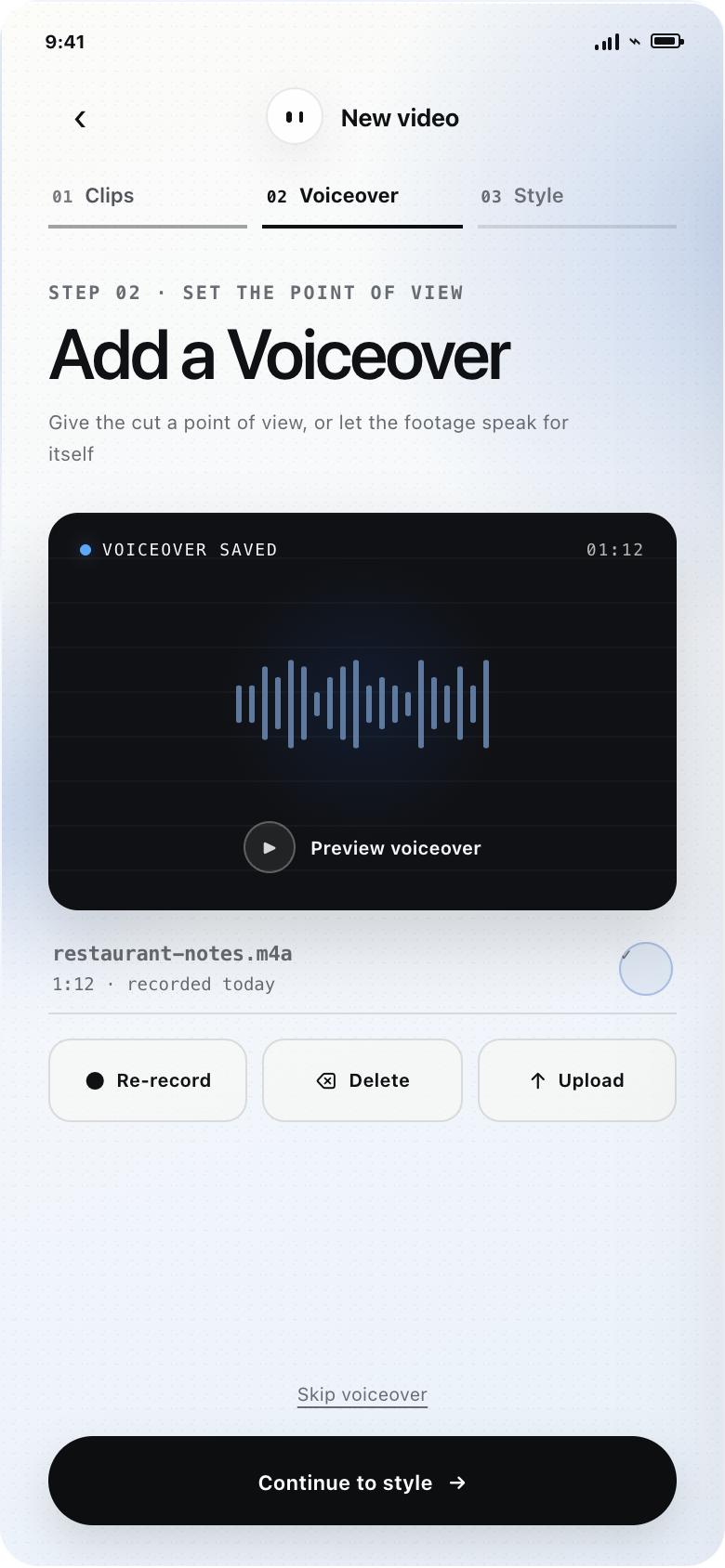 Rynn voiceover screen with a recorded voice track ready to use