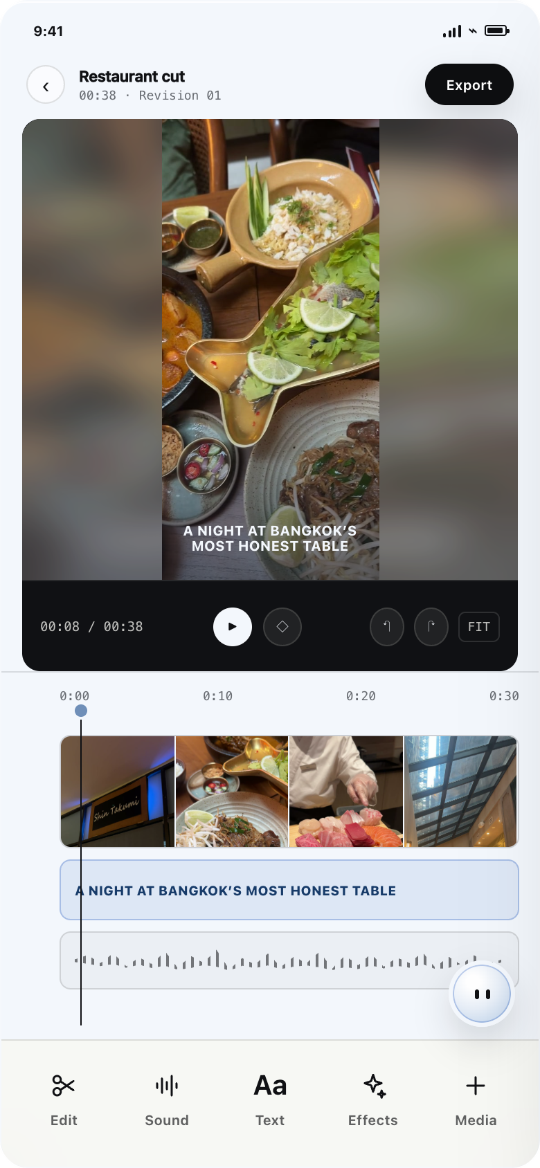 Rynn timeline screen showing a finished restaurant video ready to review